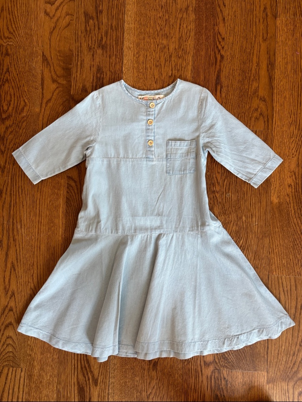 Girls' Pale Blue Casual Drop-Waist Dress with Chest Pocket